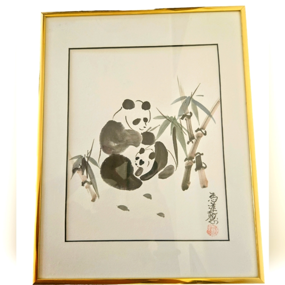 Watercolor Panda with Cub Wall Art Framed Original